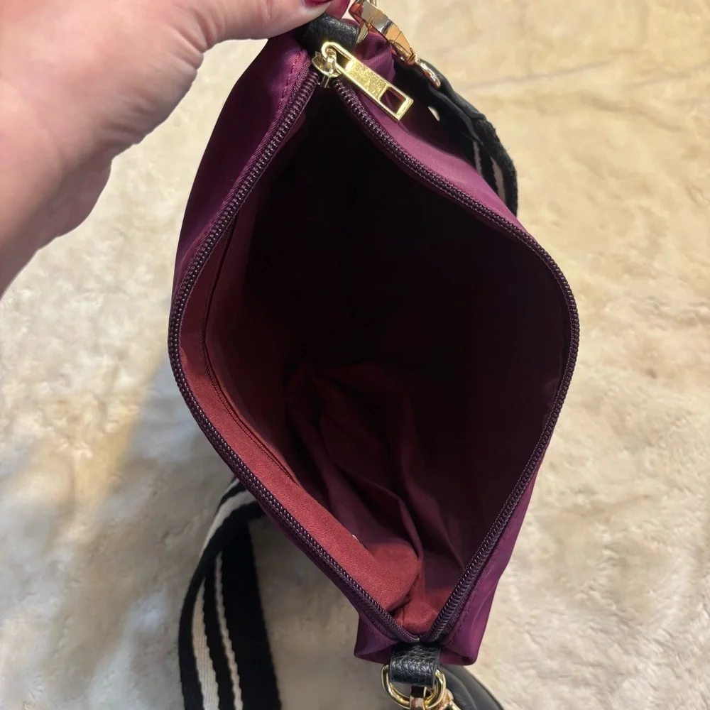 Nylon Crossbody Bag Purple Black White Striped Strap Gold-tone Hardware Zip Top